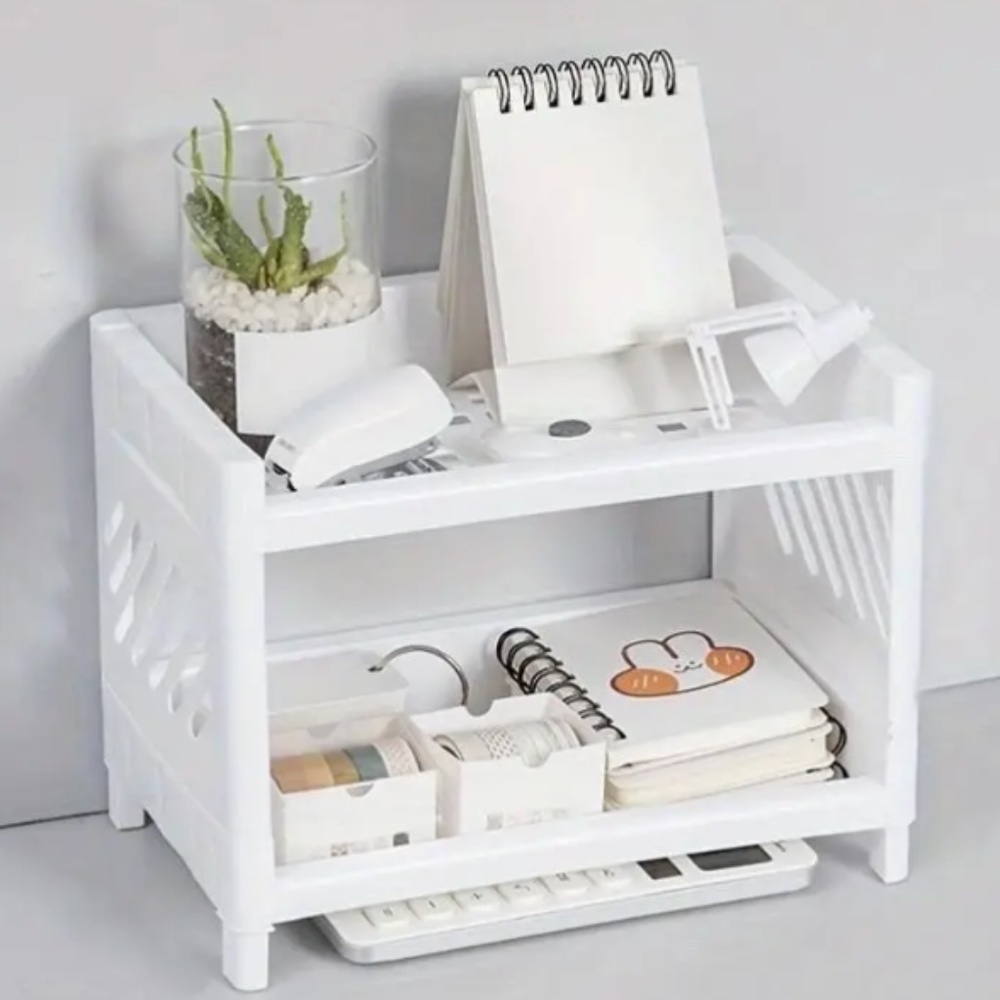 White Plastic Desktop Storage Rack -Multi-Functional Rectangular Organizer Shelf - Picture 4 of 8